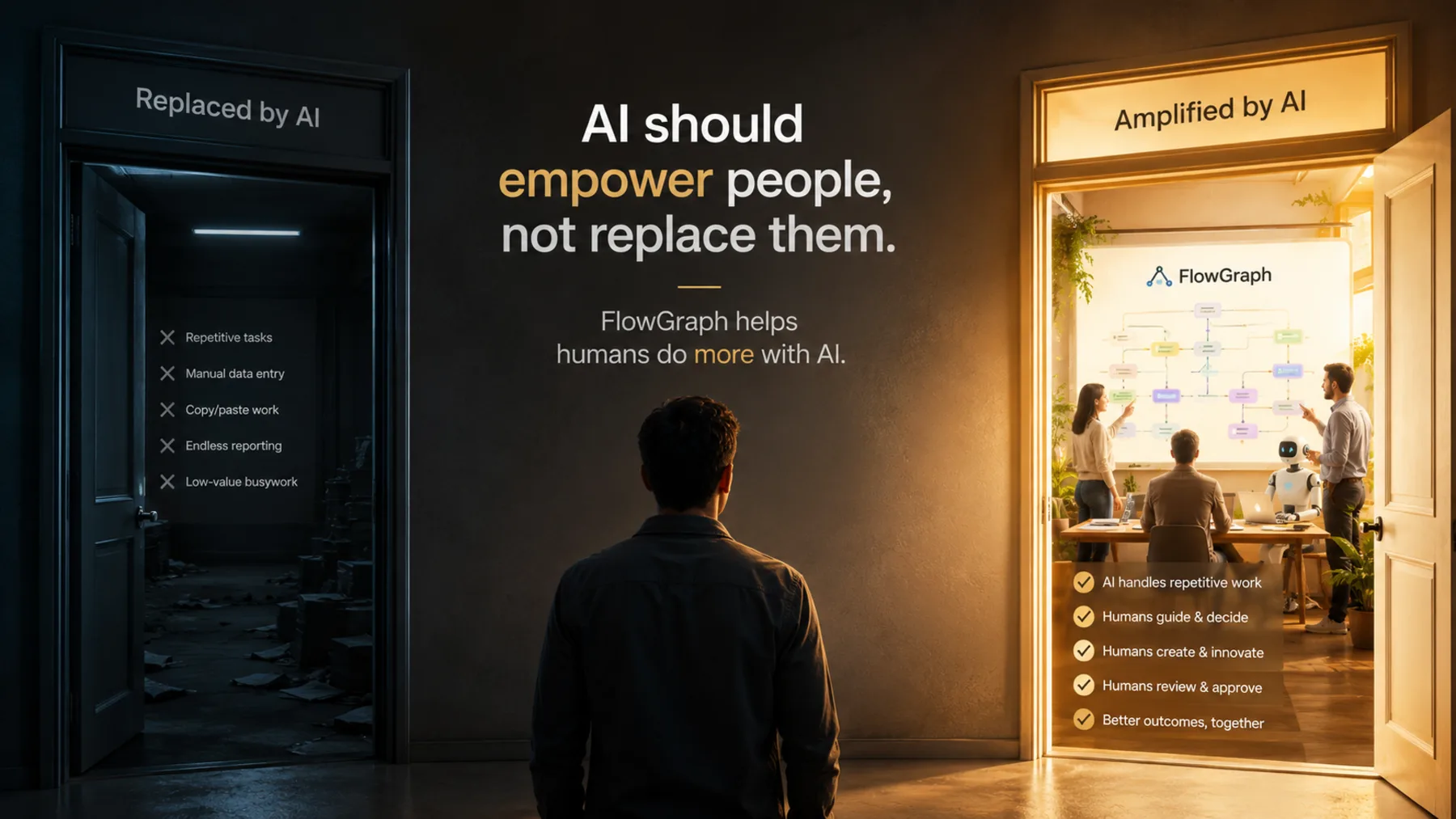 Two doors: replaced by AI, dark and cluttered; amplified by AI, warm and collaborative.