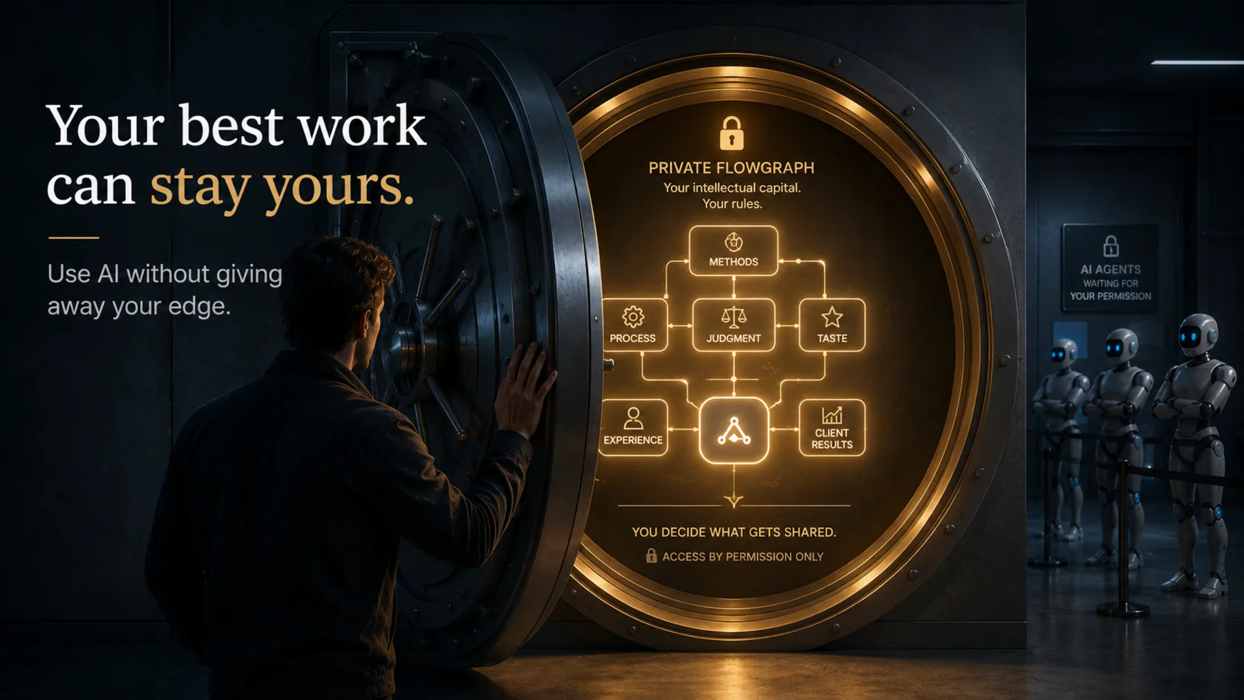 A vault holding a private FlowGraph, with AI agents waiting outside for permission.