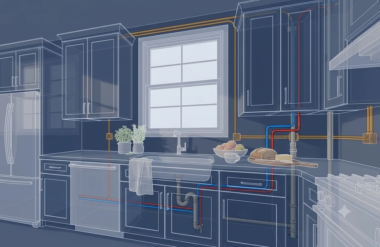 The same kitchen in X-ray, plumbing and wiring visible