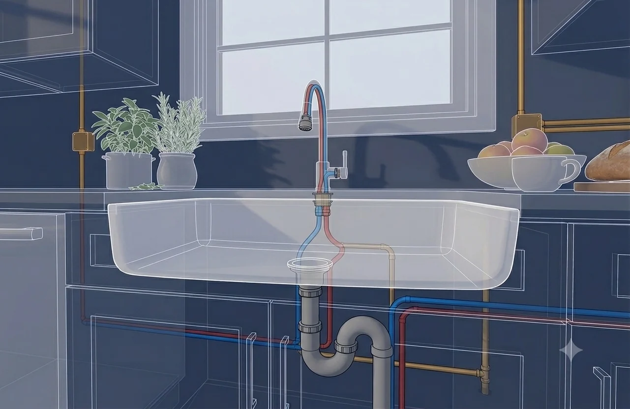X-ray close-up of the sink: supplies, trap and drain