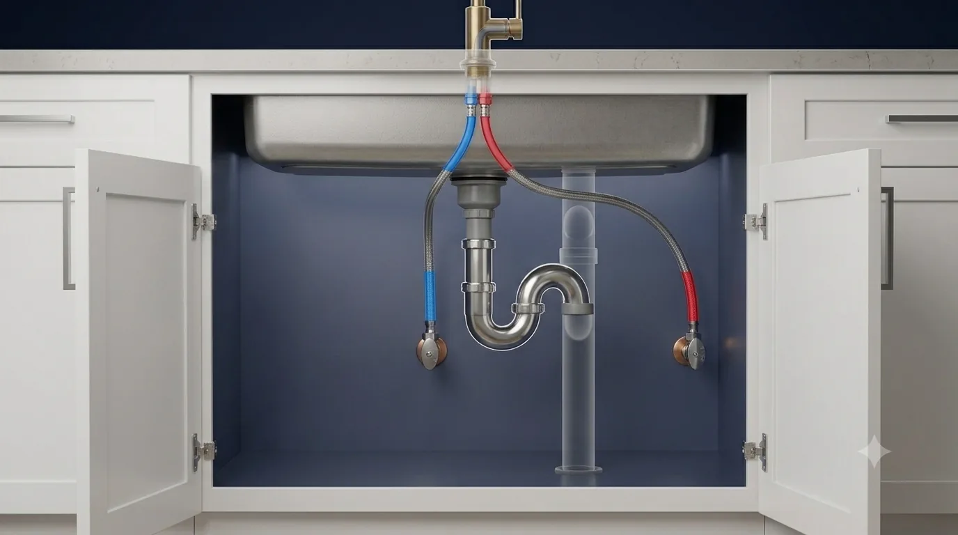 The real cabinet, doors open: shutoff valves and P-trap